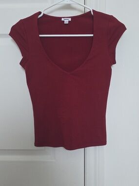 GARAGE Deep Red V-Neck Cap Sleeve Tee